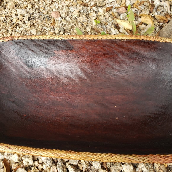 VTG Large Wooden Decorative Oval Bowl Hand Crafted with Rattan Woven Edge - Picture 4 of 11